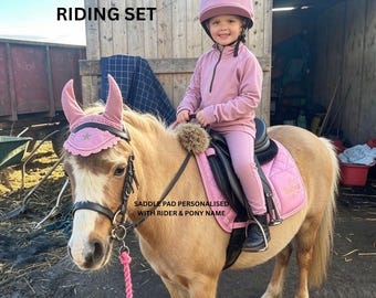 Children's Matchy Matchy Riding Set-Summer Pony Camp- Dusty Pink Personalised Numnah, Riding Leggings-Breathable Base Layer-Hat Silk & Ears.