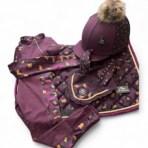 Girl's Pony Riding Set Children's Plum Leopard Equestrian Set - Base Layer, Leggings, Saddle Pad Hat & Ear Bonnet