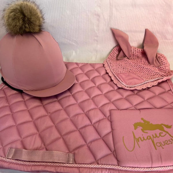 Personalised Dusty Pink Saddle Pad Set Includes  Fly Veil plus matching hat silk