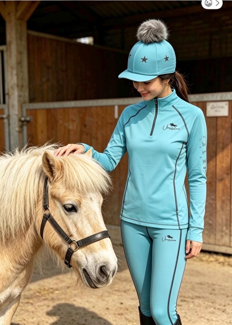 May include: A turquoise equestrian outfit consisting of a long-sleeved quarter-zip top and matching leggings with dark contrast stitching. The set features a small horse logo and text, paired with a matching turquoise baseball cap with star accents.