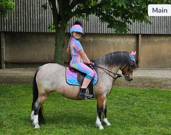 Equestrian Horse Riding Set Rainbow Leopard Print Full Matchy Matchy For Children -   Set Includes Baselayer Leggings Saddle Pad Ears & Silk