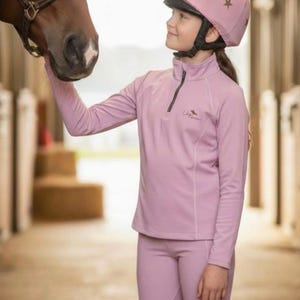 Children’s Dusty Pink Equestrian Riding Set | Long Sleeve Top and Leggings | Pony Club Outfit | Optional Personalisation & Silk Hat.