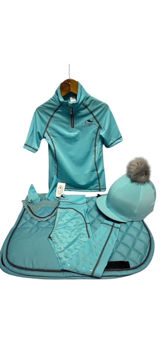 Fully Matchy Kids Personalised Mint Coloured Set Long or Short Sleeves Baselayer Riding Tights Personalised Saddle Pad, Fly Veil, Hat Silk