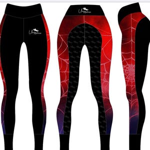 May include: Black leggings with red and purple accents. The leggings feature a spiderweb design on the sides and back, with a horse logo on the waistband. The leggings are designed for equestrian activities.