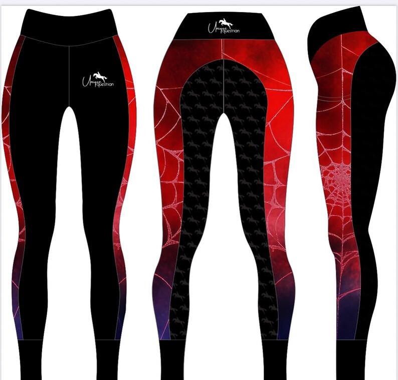 May include: Black leggings with red and purple accents. The leggings feature a spiderweb design on the sides and back, with a horse logo on the waistband. The leggings are designed for equestrian activities.