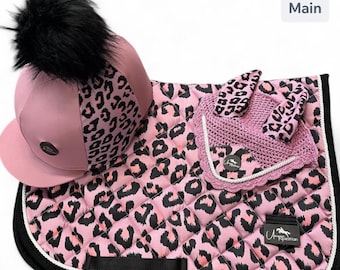 Leopard Print Saddle Pad Sets with Matching Fly Veil & Hat Silk - Equestrian Gift 3 colour choices