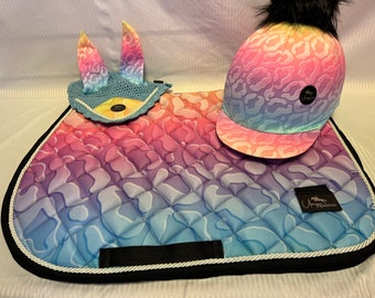 Rainbow Leopard Print Saddle Pad Set with Matching Fly Veil & Hat Silk