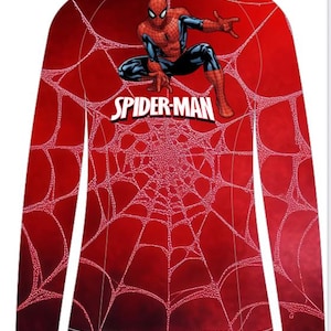 May include: A long-sleeved red shirt featuring a Spider-Man graphic. The shirt has a spiderweb design and the Spider-Man logo. The superhero is depicted in a dynamic pose. The shirt has a black collar and cuffs.