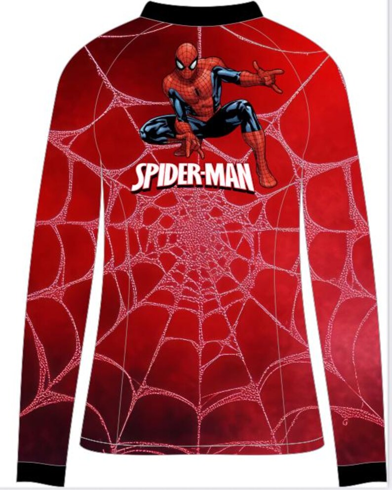 May include: A long-sleeved red shirt featuring a Spider-Man graphic. The shirt has a spiderweb design and the Spider-Man logo. The superhero is depicted in a dynamic pose. The shirt has a black collar and cuffs.