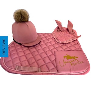 Dusty Pink  Horse Saddle Pad, with name Set Includes Numnah, Fly Veil and matching Hat Silk Equestrian Gift Rug Comes with Rider & Pony Name
