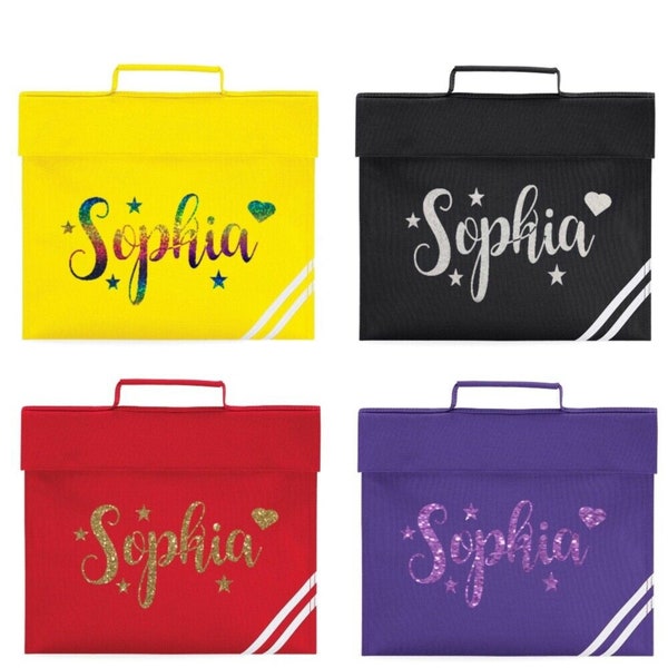 Personalised Girls School Book Bag With Glitter Printed Name Stars & Heart -NEW