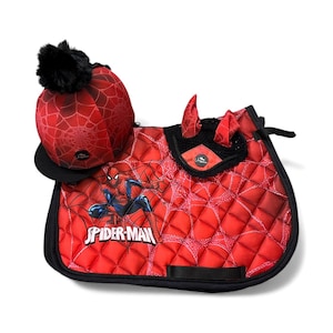 Kids Pony Riding Set Children's Spider-Man Equestrian Set - Base Layer, Leggings, Saddle Pad Hat & Ear Net - Optional Front Brushing Boots. image 5