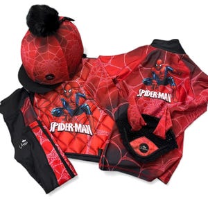 Kids Pony Riding Set Children's Spider-Man Equestrian Set - Base Layer, Leggings, Saddle Pad Hat & Ear Net - Optional Front Brushing Boots. image 2