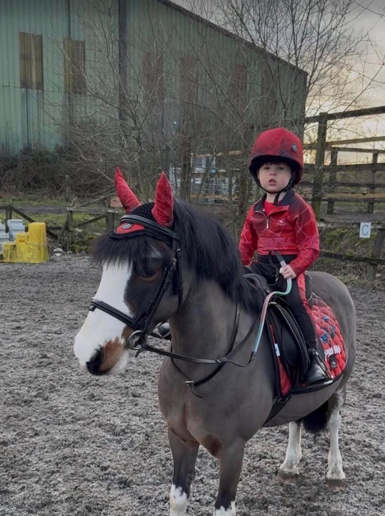 Kids Pony Riding Set Children's Spider-Man Equestrian Set - Base Layer, Leggings, Saddle Pad Hat & Ear Net - Optional Front Brushing Boots. image 1