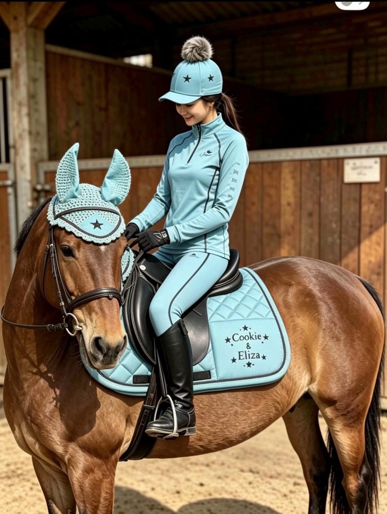 May include: A light blue equestrian set featuring a horse ear bonnet, a quilted saddle pad with the text Cookie & Eliza, a long-sleeved quarter-zip shirt, and a matching baseball cap with a pom-pom, all adorned with black star accents.