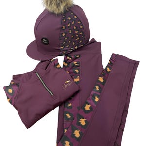 Children’s Plum Leopard Equestrian Riding Set | Long/Short Sleeve Top and Leggings | Pony Club Outfit | Optional Personalisation & Silk Hat.