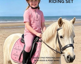 Children's Matchy Matchy Riding Set-Summer Pony Camp- Rosey Personalised Numnah, Riding Leggings-Breathable Base Layer-Hat Silk & Fly Veil.