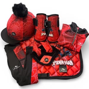 Kids Pony Riding Set Children's Spider-Man Equestrian Set - Base Layer, Leggings, Saddle Pad Hat & Ear Net - Optional Front Brushing Boots. image 3