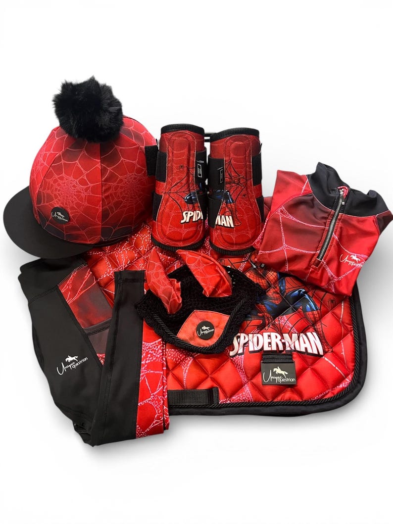 Kids Pony Riding Set Children's Spider-Man Equestrian Set - Base Layer, Leggings, Saddle Pad Hat & Ear Net - Optional Front Brushing Boots. image 3