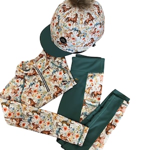 Ensemble équestre design cheval pour enfants | Haut à manches longues/courtes et leggings | Tenue de poney club | Personnalisation en option et chapeau en soie