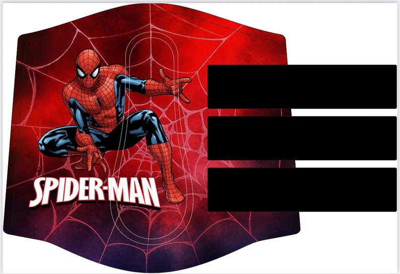 May include: A red and blue Spider-Man graphic on a red background with a spiderweb design. The words "SPIDER-MAN" are displayed in white. The image has three black rectangles.