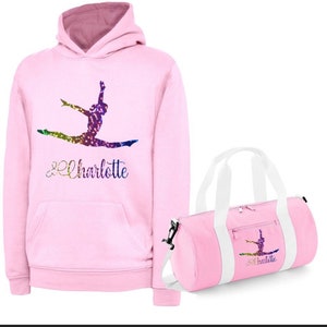 Gymnast Splits Glitzer gedrucktes Hoodie & Barrell Bag Set oder getrennt mit NAMEN personalisiert bnwt