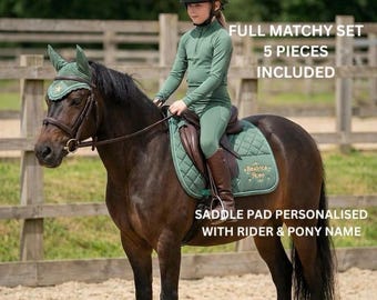 Children's Matchy Matchy Riding Set-Summer Pony Camp-Hunter Green Personalised Numnah, Riding Leggings-Breathable Base Layer-Hat Silk & Ears