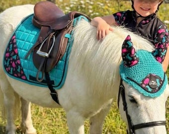 Children’s Turquoise Cow Girl Design Saddle Pad and Numnah Horse Riding Set - Optional Mix of Products to Choose From - Equestrian Gift