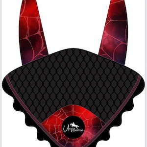 May include: A black and red equestrian fly bonnet with a spiderweb design. The bonnet features a black diamond-patterned mesh over the ears and a red and black patterned fabric on the front. The logo "Unique Equestrian" is visible.