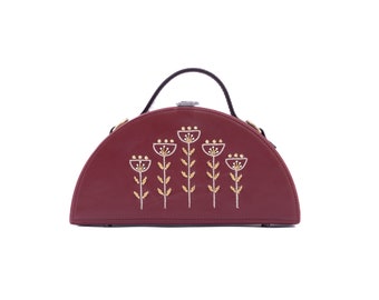 Tropical semi-circle embroidered clutch bag, Designer Crossbody Bags, PU Leather Shoulder Bags, Handbag Charms, Small Leather Bag, half moon