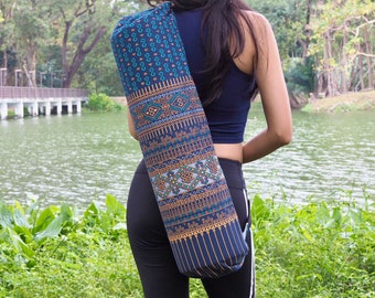 Handmade yoga mat bag for women with unique Thai patterns in blue from Thailand with free shipping.