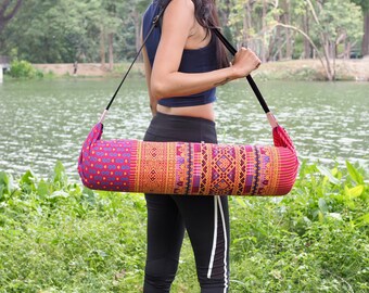 Handmade yoga mat bag for women with unique Thai patterns in pink from Thailand with free shipping.