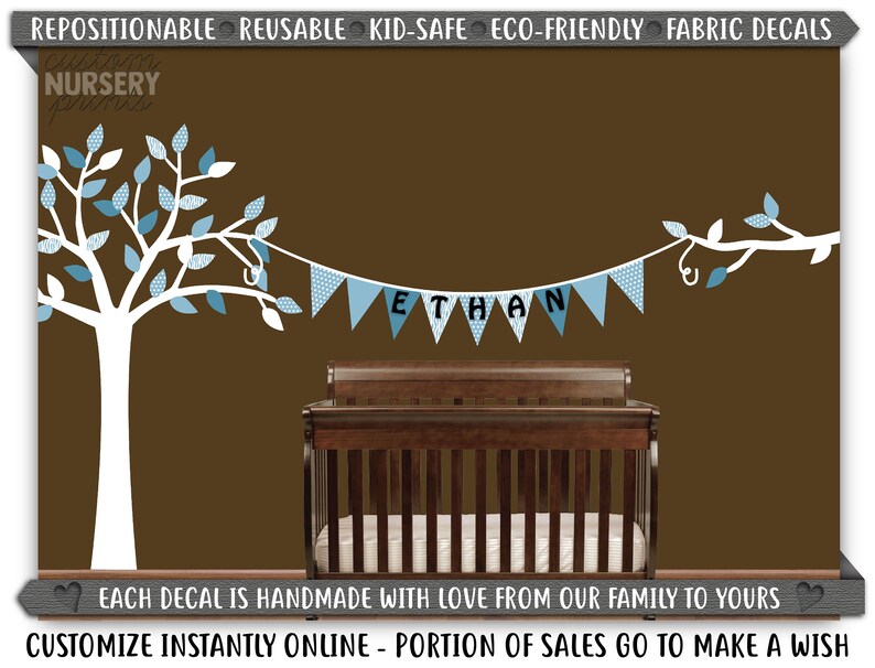 Tan White Wall Art Nursery Bunting Blue Wall Decals Boys Room Art C023 D03 Nursery Tree Decal Fabric Stickers Bunting Tree Decal