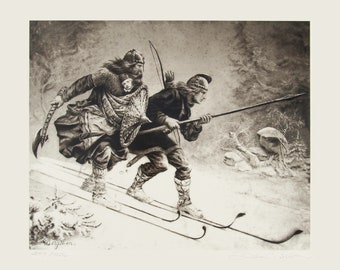 Impresión de edición limitada de Knud Bergslien – Esquiadores vikingos noruegos, Rey infantil Haakon con LIBRO