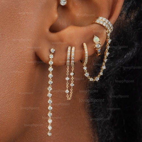 Huggie Hoop Earrings 14k Solid Gold Genuine Pave SI Clarity Etsy