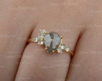 Salz und Pfeffer Diamant Verlobungsring, 14K Gelbgold Cluster Ring