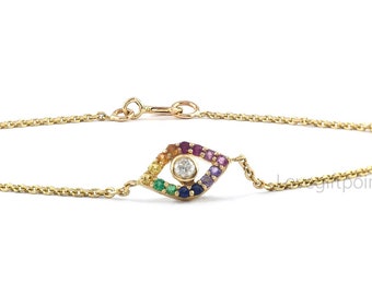 Evil Eye Genuine Multi Sapphire Gemstone Chain Charm Rainbow Bracelet 14K Solid Yellow Gold Pave Diamond Good Fortune Jewelry Special Gift.