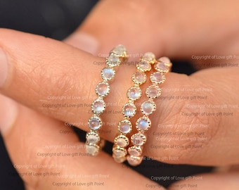 Genuine Blue Fire Rainbow Moonstone Ring, 14K Solid Gold, Full Eternity Band Ring, Stackable Ring, Minimalist Jewelry, Bridesmaids Gifts