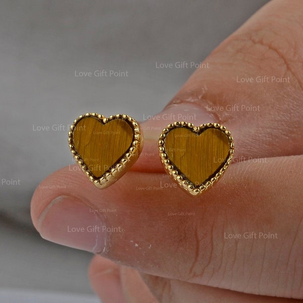 Solid 14K Yellow Gold Heart Stud Earrings, Genuine Tiger's Eye Gemstone, Love Stud Earrings, Milgrain Edge Studs, Perfect Gift For Lover