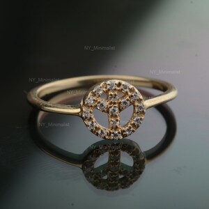 Peace Sign Ring, 14K Solid Gold, Real Diamond Pave Ring, Peace Symbol Ring, Statement Ring, Unique Sign Ring