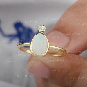 Australian Opal Diamond Ring: 14K Yellow Gold Bezel Stackable Ring