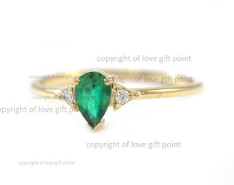 Genuine Zambia Emerald Gemstone Real Diamond 14K Solid Yellow Gold Wedding Engagement Ring Minimalist Jewelry Size 3-9