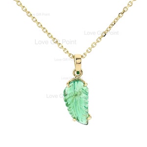 Carving Emerald Leaf Necklace/ 14K Gold Pendant Necklace/ Genuine Emerald Necklace/ May Birthstone Necklace/ Nature Lover Gift