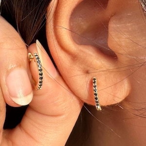 Black Diamond Pave Half Eternity Hoop Earrings | Natural Black Diamond Tiny Earrings | Solid 14K Yellow Gold Hoop | Promise Gift For Her