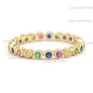 Full Eternity Band With Genuine 0.52 Ct. Multi Sapphire Gemstone Ring Solid 14K Yellow Gold Handmade Rainbow Ring// Colorful Ring