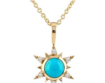 Handmade 14k Gold Sleeping Beauty Turquoise Diamond Starburst Pendant Necklace