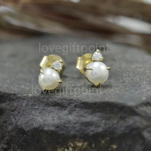 Tiny Pearl Stud Earrings | Real Pave Diamond Small Studs | Minimalist Earrings | 14K Solid Yellow Gold | Gift For Mother