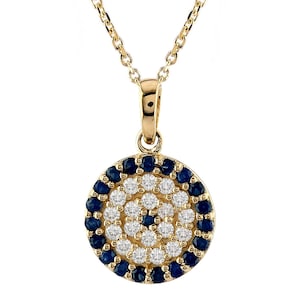 Evil Eye Necklace Gold/ Genuine Pave Blue Sapphire Diamond Necklace/ Good Luck Necklace/ 14K Solid Gold Evil Eye Disc Necklace Jewelry Gift