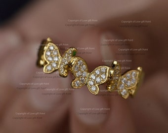 Half Eternity Butterfly Ring, Natural Diamond Pave Ring, Solid 10K/14K/18K Gold, Wedding Ring, Cluster Butterfly Ring, Statement Ring