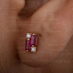 Rectangle Baguette Ruby Genuine Gemstone & Pave SI Clarity G-H Color Diamond Solid 14K Yellow Gold Handmade Minimalist Stud Earrings 2024